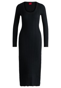 Black ribbed knit dress with long sleeves, a scoop neckline, and a fitted silhouette, featuring a seamless hem and stretchy texture.