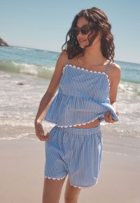 Sinivalkoraidallinen kaksiosainen rantavaate, jossa on aaltoiltu reuna yläosassa ja siihen sopivat shortsit. Päällä hiekkarannalla lähellä merta.