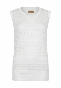 Vit stickad ärmlös topp med texturerade mönster, varierande horisontella designer och ribbade detaljer längs halsringningen och fållen.