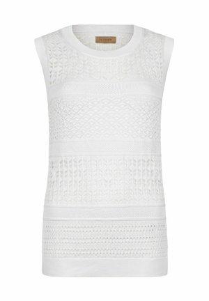 Biały bezrękawnik z dzianiny, charakteryzujący się teksturowanymi wzorami, różnorodnymi poziomymi deseniami oraz ribbowanym wykończeniem przy dekolcie i dolnej krawędzi.