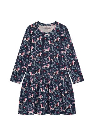Marineblaues Langarmkleid mit pink-weißem Einhorn- und Blumenmuster, geraffter Taille und rundem Ausschnitt.