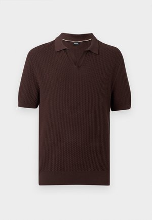 Polo à manches courtes en maille marron foncé avec motif texturé, col en V ouvert, poignets et ourlet côtelés.