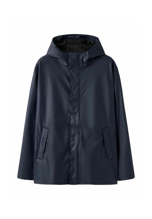 Navy waterproof rain jacket with a hood, snap closures, two side pockets, and smooth, shiny texture, designed for outdoor wear.