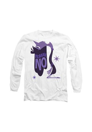 Weißes Langarmhemd mit einem violetten abstrakten Gesichtsmotiv und dem Text "YEAAAH, NO" in fetten Buchstaben auf der Vorderseite.