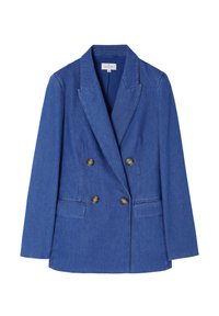 Blazer bleu croisé avec quatre boutons marron, larges revers, manches longues et deux poches avant à rabat.