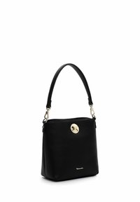 Black leather handbag with a structured shape, featuring a gold-tone hardware clasp and a short shoulder strap. Textured finish with logo detail.