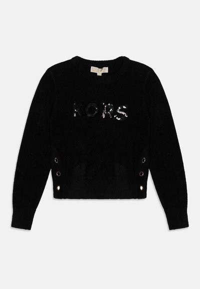 Pull noir en maille avec un col rond, logo "KORS" en sequins et quincaillerie dorée avec des détails de bouton sur les côtés.