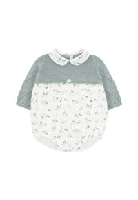 Cuerpo de punto gris con patrón de trenzas, mitad inferior de algodón blanco con estampado de animales del bosque y un cuello redondo. Cierre de botón en la parte posterior.