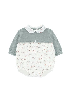 Cuerpo de punto gris con patrón de trenzas, mitad inferior de algodón blanco con estampado de animales del bosque y un cuello redondo. Cierre de botón en la parte posterior.