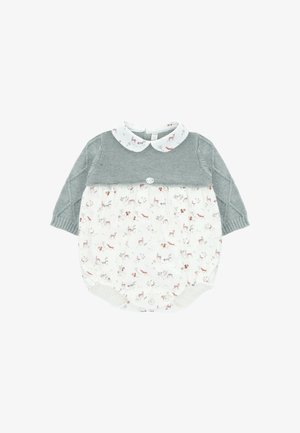 Cuerpo de punto gris con patrón de trenzas, mitad inferior de algodón blanco con estampado de animales del bosque y un cuello redondo. Cierre de botón en la parte posterior.