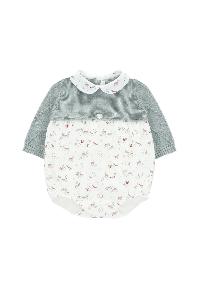 Cuerpo de punto gris con patrón de trenzas, mitad inferior de algodón blanco con estampado de animales del bosque y un cuello redondo. Cierre de botón en la parte posterior.