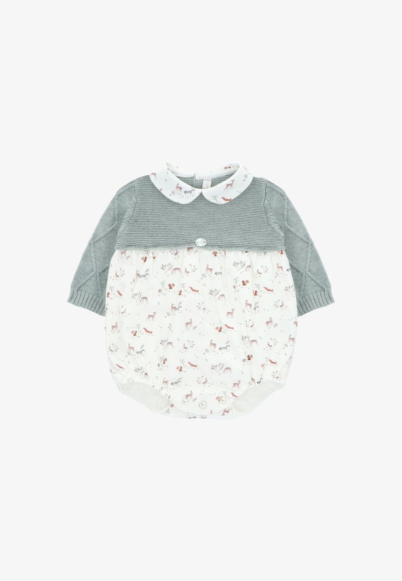 Cuerpo de punto gris con patrón de trenzas, mitad inferior de algodón blanco con estampado de animales del bosque y un cuello redondo. Cierre de botón en la parte posterior.