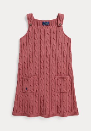Ružové pletené šaty bez rukávov so vzorom vrkoča, dvoma prednými vreckami, gombíkovými ramennými popruhmi a štítkom Polo Ralph Lauren.