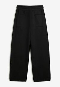Schwarze, weit geschnittene Hosen aus weichem, leichtem Stoff. Sie verfügen über einen elastischen Bund und zwei Gesäßtaschen zur Aufbewahrung.