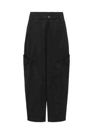 Pantalon noir taille haute à jambes larges avec poches latérales et fermeture par bouton à la taille, présenté sur fond blanc.
