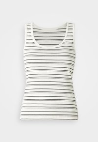 Striped tank top in off-white with thin black horizontal stripes. Features a round neckline and ribbed texture. Classic sleeveless design.