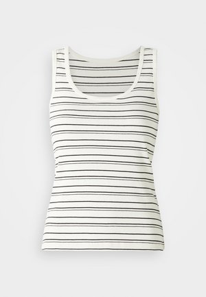 Débardeur rayé en blanc cassé avec de fines rayures horizontales noires. Présente un décolleté rond et une texture côtelée. Design sans manches classique.