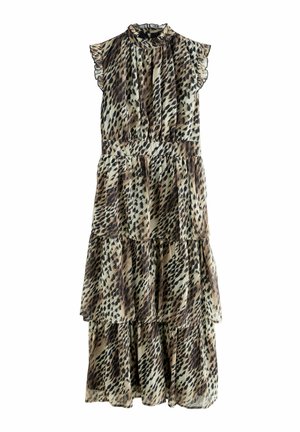 Ärmlös midi-klänning med lager och volangdetaljer på axlar samt hög halsringning, med brunt och svart abstrakt djurmönster på beige tyg.