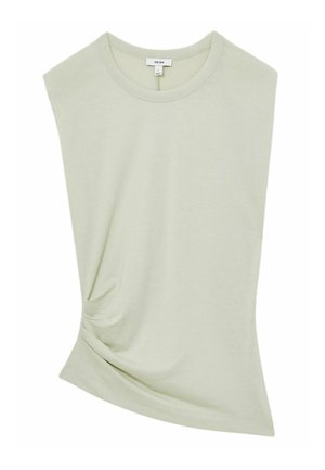 Haut sans manches vert clair en tissu doux avec un design asymétrique. Présente un détail torsadé sur le côté pour une texture supplémentaire.