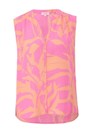 Hihaton vaaleanpunainen pusero, jossa persikkainen abstrakti lehtikuvio, V-pääntie ja löysä istuvuus, merkiltään s.Oliver.