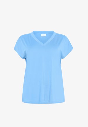 Heledsinine lühikeste varrukatega V-kaelusega T-särk, mis on valmistatud pehmest kangast, omades lõdva istuvust ja sujuvat tekstuuri. Muster ja metallosad puuduvad.