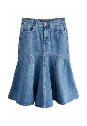 Jeanskjol med en vida form, blå färg, strukturerad midja, två framfickor och en söm som delar den övre och nedre delen.