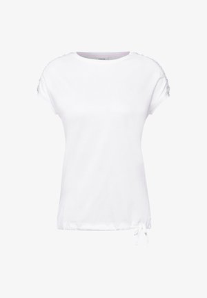 Biała koszulka z krótkim rękawem, wykonana z bawełny, z okrągłym dekoltem i marszczeniami wzdłuż rękawów, z wiązanym dołem w talii.