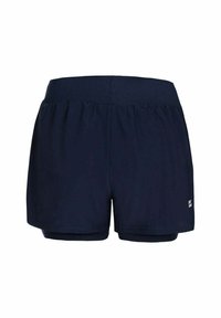 Pantalones cortos deportivos de mujer en azul marino con una amplia cintura elástica y forro de compresión integrado debajo.