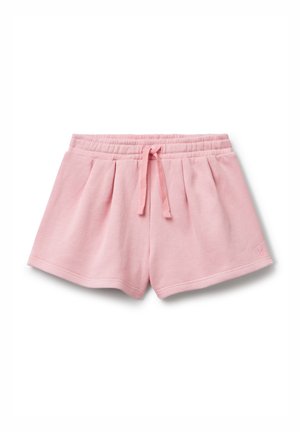 Pantaloni corti rosa in cotone con vita elasticizzata e cordino. Presentano delle pieghe sul davanti e un piccolo logo sul lato.