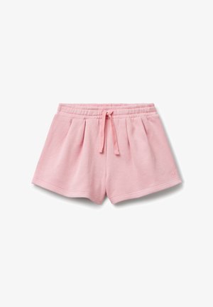 Pantaloni corti rosa in cotone con vita elasticizzata e cordino. Presentano delle pieghe sul davanti e un piccolo logo sul lato.