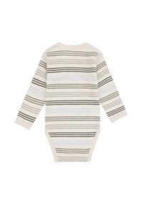 Body per neonati a maniche lunghe con righe orizzontali beige, verde e azzurro chiaro, mostrato dal retro su uno sfondo bianco.
