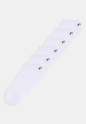 White cotton ankle socks, five-pack, featuring a small black logo with red and blue accents near the cuff, smooth texture and simple design.