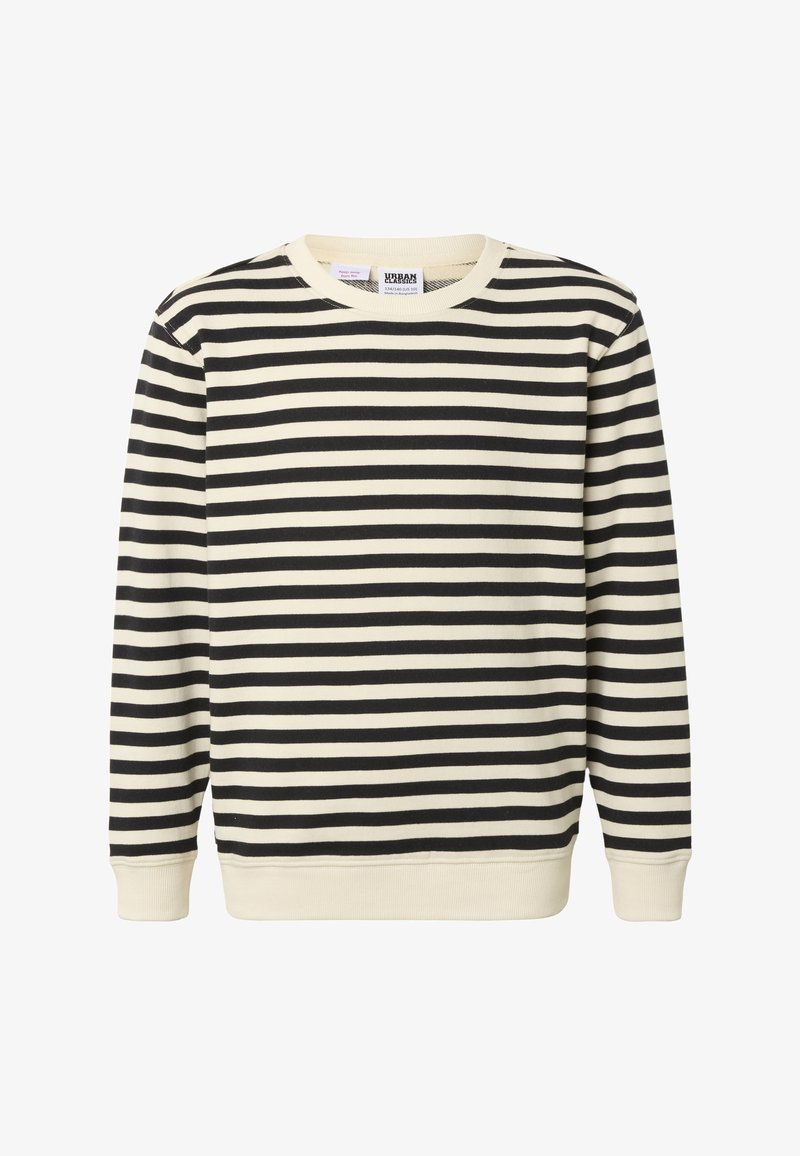 Pull à manches longues avec col rond, rayures horizontales noires et blanc cassé, poignets et ourlet côtelés.