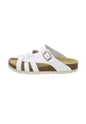 White open-toe sandal with adjustable buckle strap, three front straps, cork footbed, and off-white textured sole.