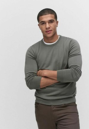 Grijze crewneck sweater met ribgebreide cuffs en zoom, gecombineerd met bruine broek. De stof ziet er glad en aansluitend uit, wat een casual look creëert.