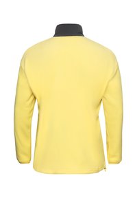Pullover in fleece giallo con colletto alto nero. Presenta maniche lunghe e una tasca con zip sull'orlo. Texture liscia e vestibilità comoda.