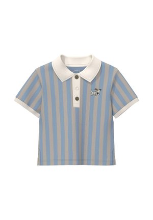 Children's short-sleeve polo shirt with blue and gray vertical stripes, white collar, two buttons, and small dog graphic on the chest.