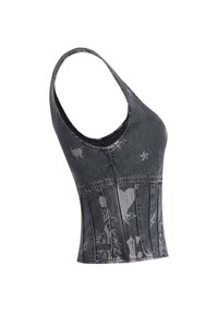 Svart denim korsett-topp med rundad halsringning och veckad design, med tryckta tatueringstypmönster och en figurnära passform.