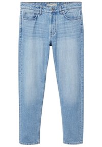 Jean en denim bleu clair avec une coupe droite, cinq poches et un léger délavage sur le devant. Doté d'un bouton en métal et d'une fermeture éclair.