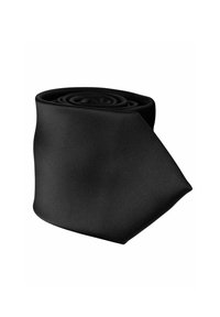 Svart fluga rullad i spiralform. Tillverkad av slät, glänsande tyg med en enfärgad design, med en spetsig ände och inga synliga mönster.