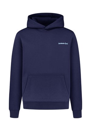 Marineblaue Kapuzenjacke aus Baumwollmischung, mit einer Vorderkante-Kängurutasche, gerippten Bündchen und einem dezenten Logo auf der oberen linken Brust.