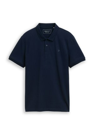 Navy blue polo shirt made of textured fabric, featuring a classic collar, three buttons, and an embroidered logo on the left chest.