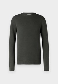 Pull en tricot vert foncé avec un col rond, des poignets et un ourlet côtelés, présentant un motif texturé sur l'ensemble du tissu.