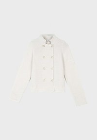 Veste en tricot blanche avec un col rond, un design croisé et de gros boutons en perles. Pr�ésente un tissu texturé et des manches longues.