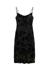 Robe noire sans manches avec un motif en velours floral. Encolure drapée et silhouette moulante. Matière lisse avec un léger éclat.