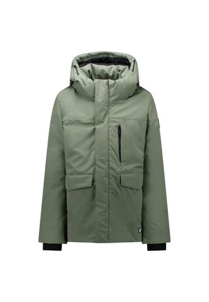 Groen gewatteerde winterjas met capuchon, rits aan de voorkant, borstzak met rits, twee lagere klepzakken en zwarte binnenpolsen.