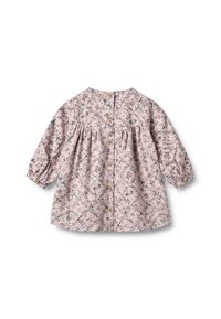 Langärmlige, rosa Bluse mit floralem Muster, mit Raffung und Holzknöpfen am Rücken. Weicher Stoff mit zartem Druckdesign.