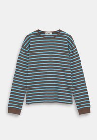 Long-sleeve shirt with brown and light blue horizontal stripes and a round neckline displayed against a white background.
