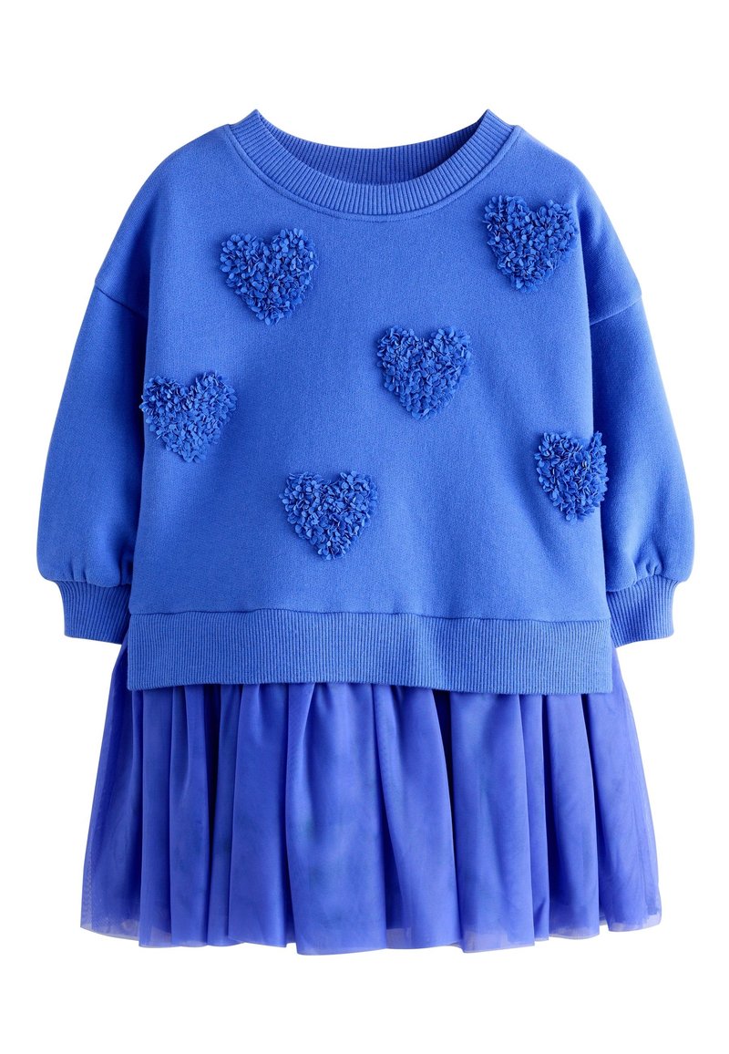 Robe bleue à manches longues avec des formes de cœur texturées sur le haut et une jupe plissée transparente attachée en bas.
