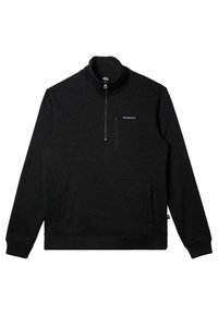 Čierna mikina na zips vyrobená z mäkkej, textúrovanej látky. Má vysoký golier, predný zips a dve bočné vrecká, s logom na hrudi.